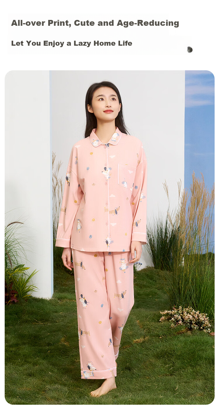 Hodohome Couples 50S Combed Elastic Cotton Printed Long Sleeve Pajamas Pink S 4