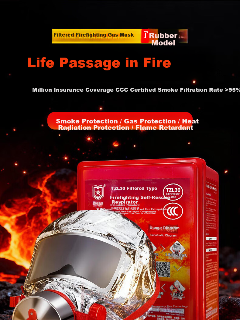 Geshu Gas Mask Firefighter Smoke and Fire Resistant Mask 3C Certified Escape Filter Respirator Long Box Model 1