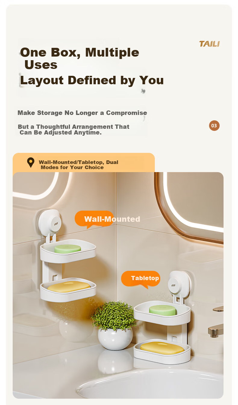 Taili Wall-Mounted Soap Dish Bathroom Soap Holder No-Drill Suction Cup Double-Layer Draining Storage Rack 11
