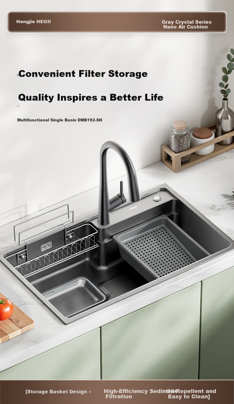 HEGII Single Large Sink Nano Air Cushion 3D Partition Stainless Steel Quick Drainage Kitchen Sink DMB192-078-SN 6