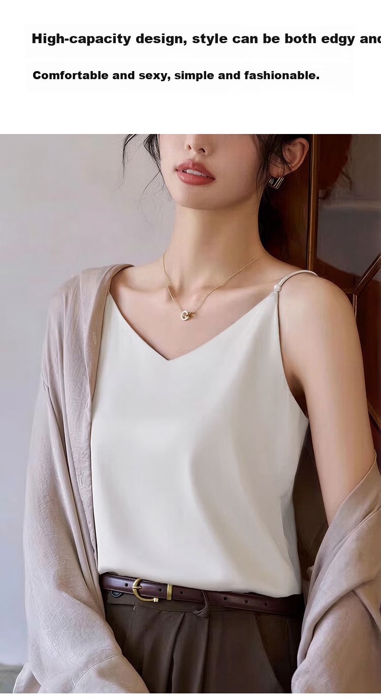 Audifine French Style V-Neck Pearl Strap Satin Loose Fit Sleeveless Tank Top Black XL 11