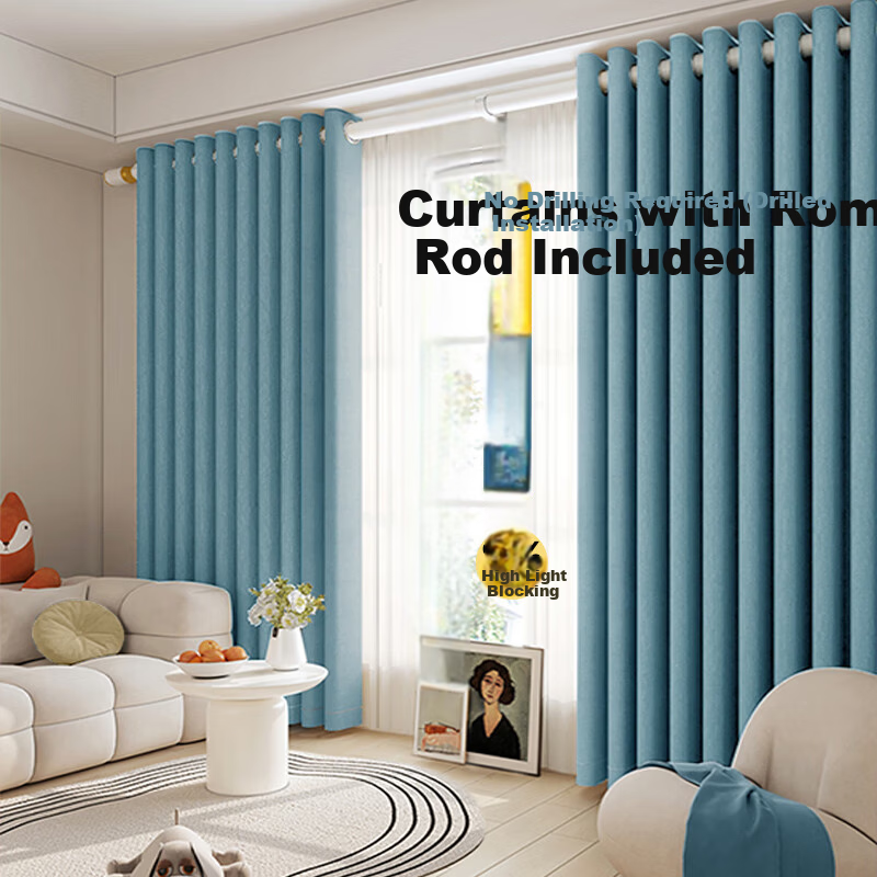 Ali Curtain No-Drill Roman Rod Complete Set Home Living Room Full Blackout Sunshade Fabric Suitable for 2.6-3.1*2.7m