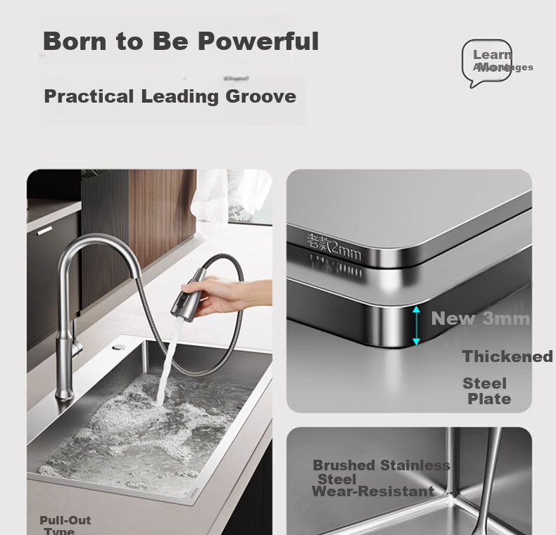 Kabe Kitchen Sink Handmade Thickened Large Single Bowl SUS304 Stainless Steel Vegetable Washing Basin Integrated Dishwashing and Vegetable Washing Sink 7