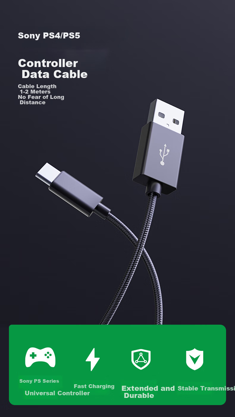 Jinling Shengbao Sony PS4 PS5 Controller Data Charging Cable USB Fast Charge Cable Slim Pro Computer Console Connection Cable 1m Type-C Smart Black 1