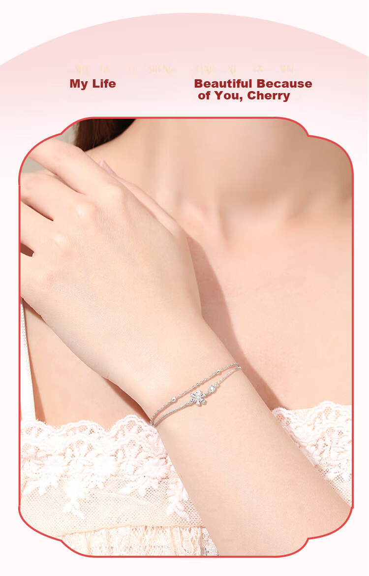 ALLOVE Cherry Blossom Pure Silver Bracelet for Women, Double-Layer Silver Jewelry, Birthday Gift for Women on May 20 And Valentine's Day, Present for Girlfriend Or Wife 3