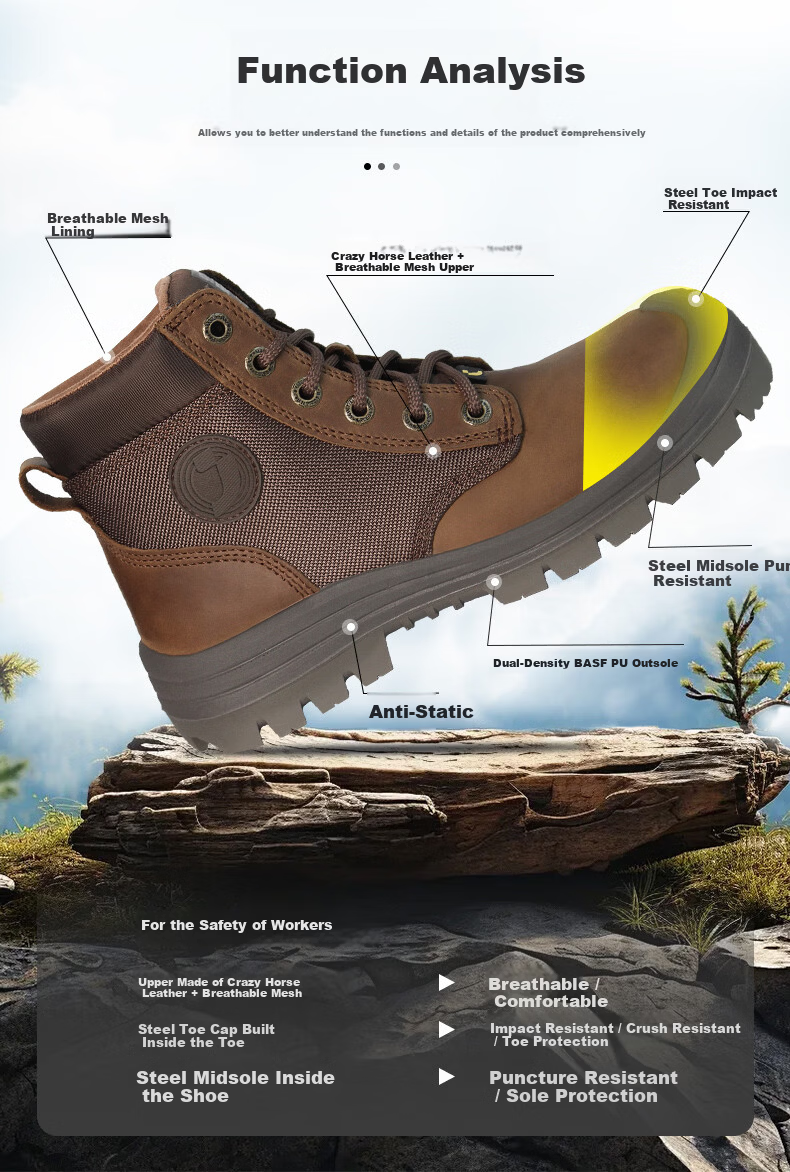 SAFETY JOGGER DAKAR Brown Men's Safety Work Shoes Anti-Smash, Anti-Puncture, Anti-Static, Wear-Resistant Size 39 4