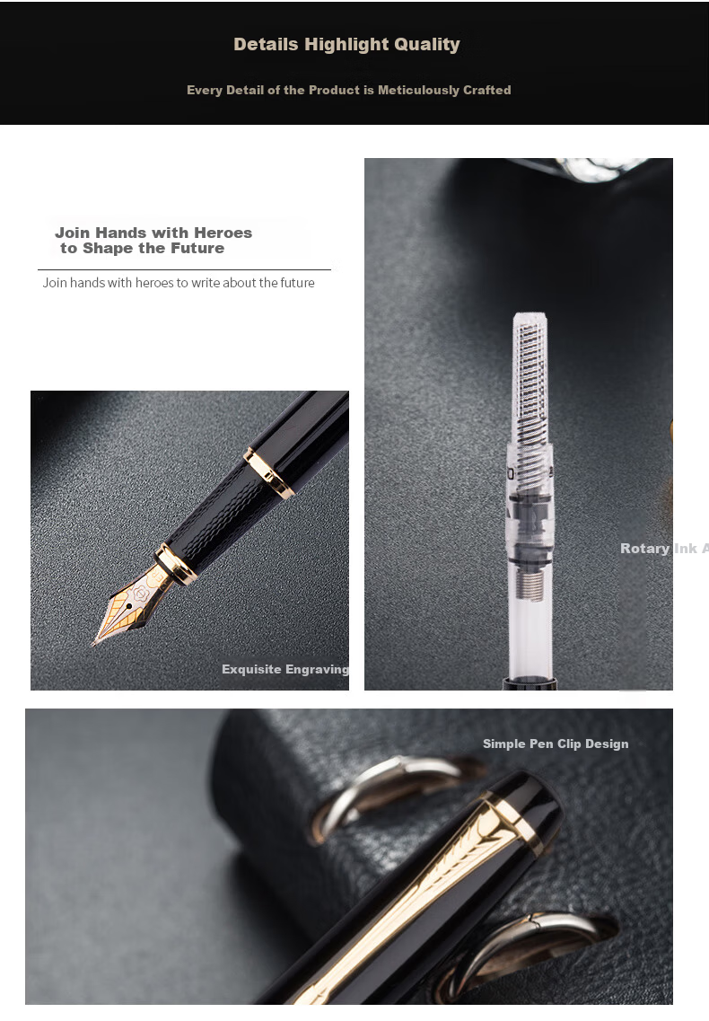 HERO Fountain Pen 1501 Black Elegant Fine Iridium Nib Signature Pen Fashion Office Student Ink Gift Box Set F Nib 6