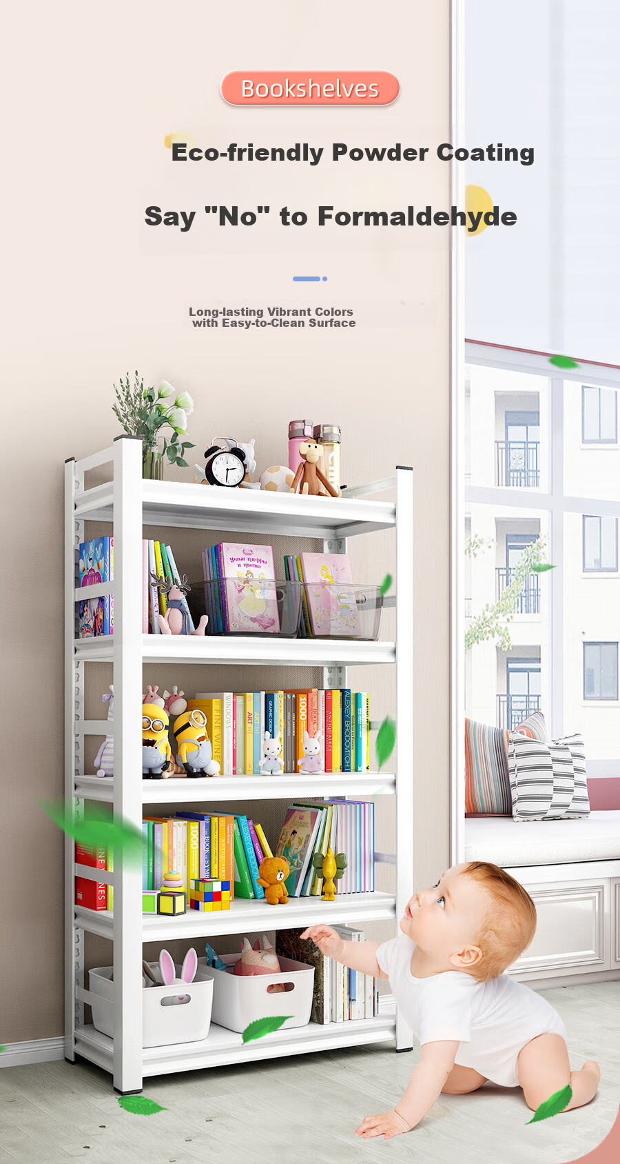 TANGJI White 4-Tier Iron Bookshelf Floor-Standing Storage Rack for Students and Children 50x30x118cm 2