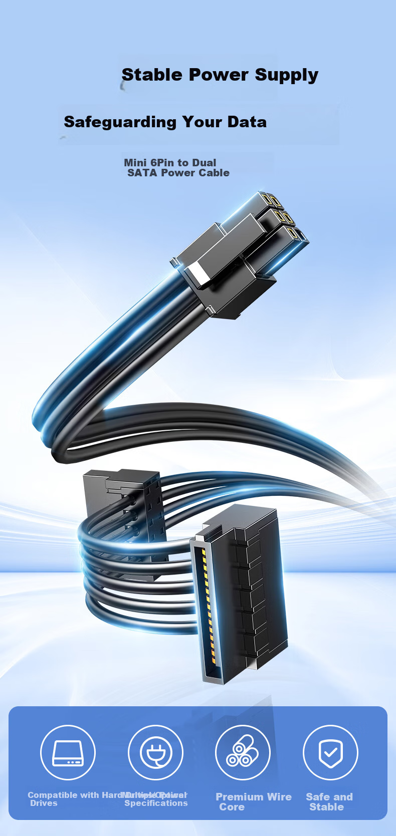 DOREWIN Small 6-Pin to SATA Hard Drive Power Cable for Lenovo Dell Computers, One-to-Two Hard Drive Connection Cable, Small 6-Pin to Dual SATA [50cm] 1