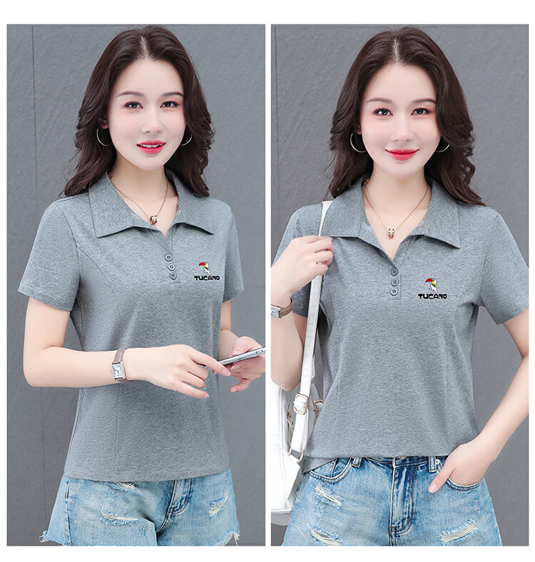 Woodpecker Women's Short Sleeve T-Shirt Pure Cotton Polo Collar Summer Regular Shoulder Slim Fit Casual Sports Half Sleeve Top Wine Red 2XL 26