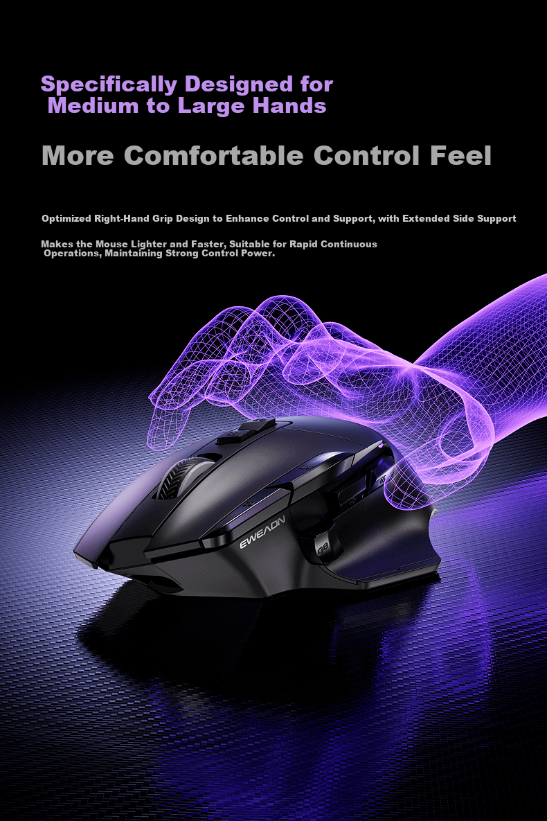 EWEADN G2 Wireless Gaming Mouse Wired Bluetooth Tri-Mode Full-Key Macro Programmable Lightweight Ergonomic for Medium to Large Hands 1K Report Rate Low Latency Office Laptop PC 3