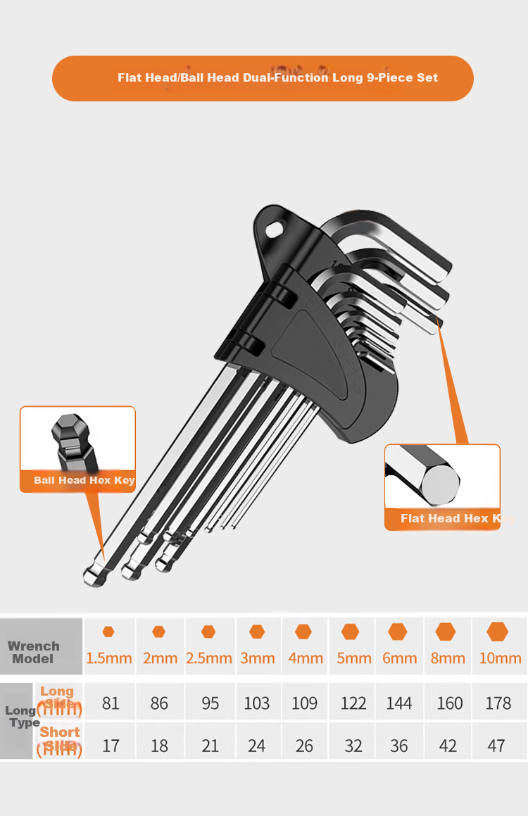 Factory No.1 9-Piece Electroplated Silver Hex Key Set Hex Screwdriver Wrench [Long Ball End] 11
