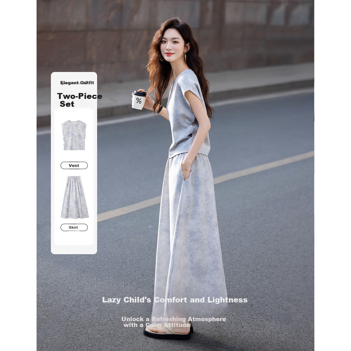 Demana Gradient Print Set Summer Elegant Round Neck Flutter Sleeve Top with Pleated Buttoned Flared Skirt Women's Two-Piece Set