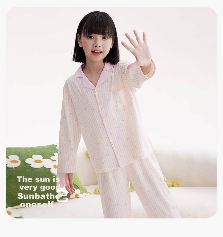 Hodo Kids Spring Autumn Antibacterial Long Sleeve Pajama Set Cute Cartoon Children's Homewear Bowknot Green Plaid 160 11