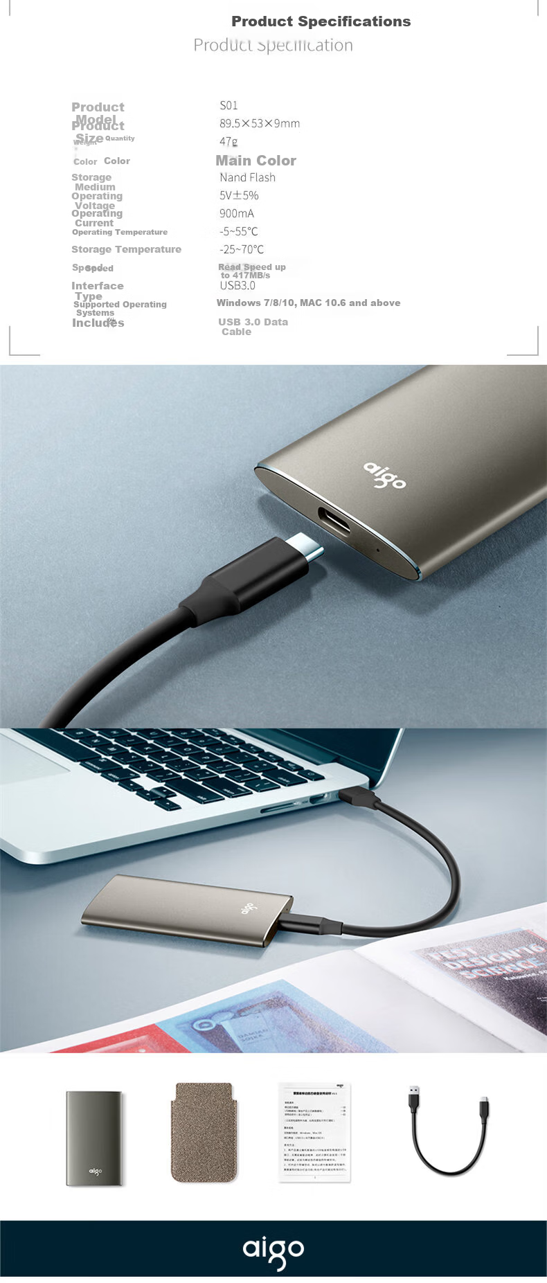 Aigo 2TB Portable Solid State Drive (PSSD), S10, Type-C USB3.2, Read And Write Speeds Equal at 1000MB/s, Compact And Portable, Direct Phone Connection, External for Computers And Laptops 6