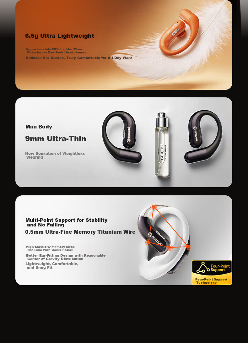 BUGANI Free B16 Ford Mustang Edition Bluetooth Earbuds Open-Ear Wireless AI Simultaneous Translation Sports Running Earphones Yao Ye Black 16