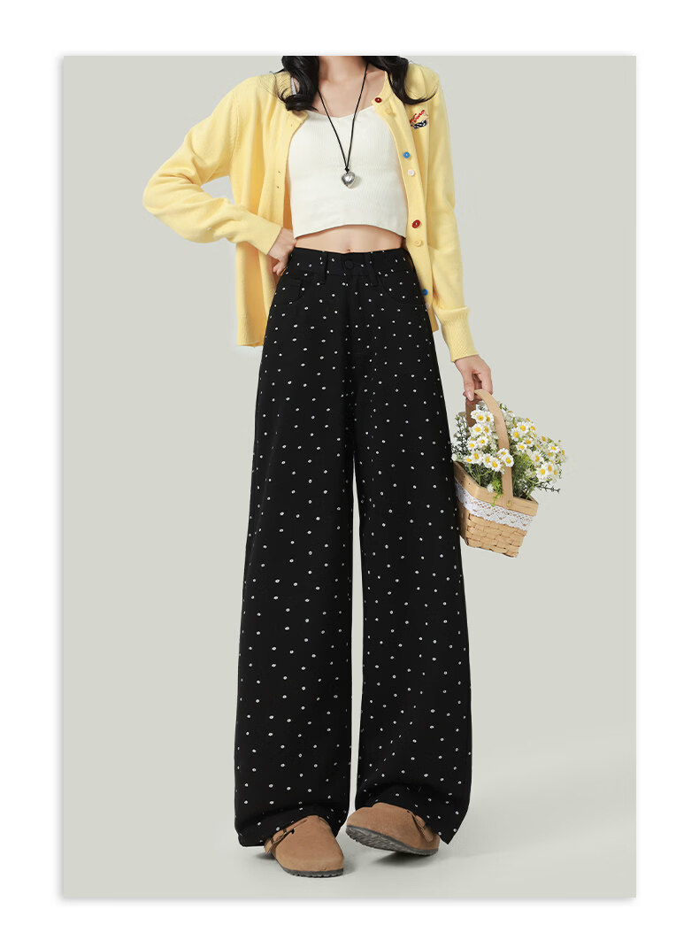 Jeanswest High-Waist Design Women's Jeans Spring Summer Printed Polka Dot Floral Slim Straight Wide-Leg Pants White M 9