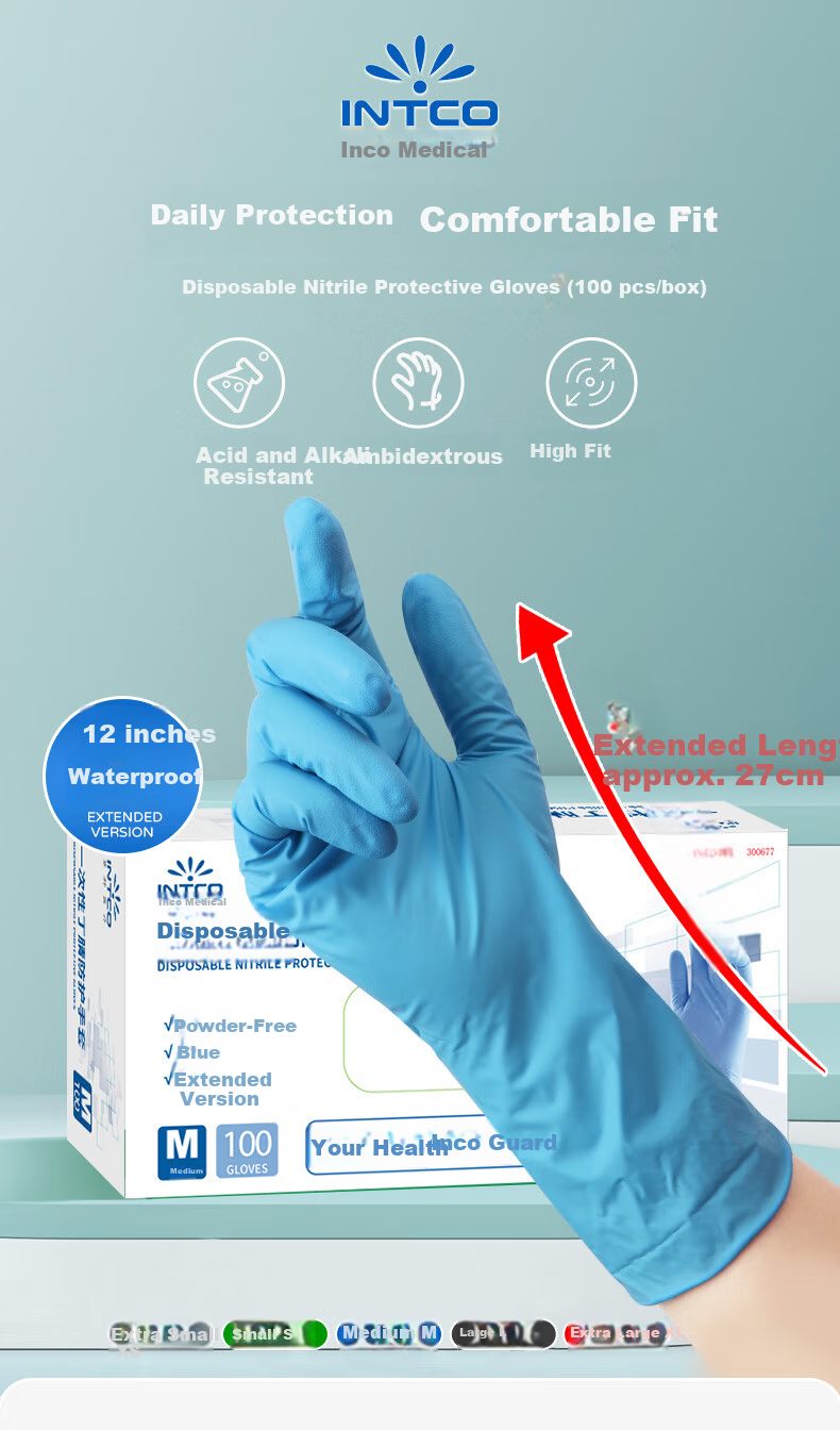 INTCO Disposable Nitrile Gloves Wear-Resistant Industrial Labor Protection 100pcs/Box Blue Small Size S 2