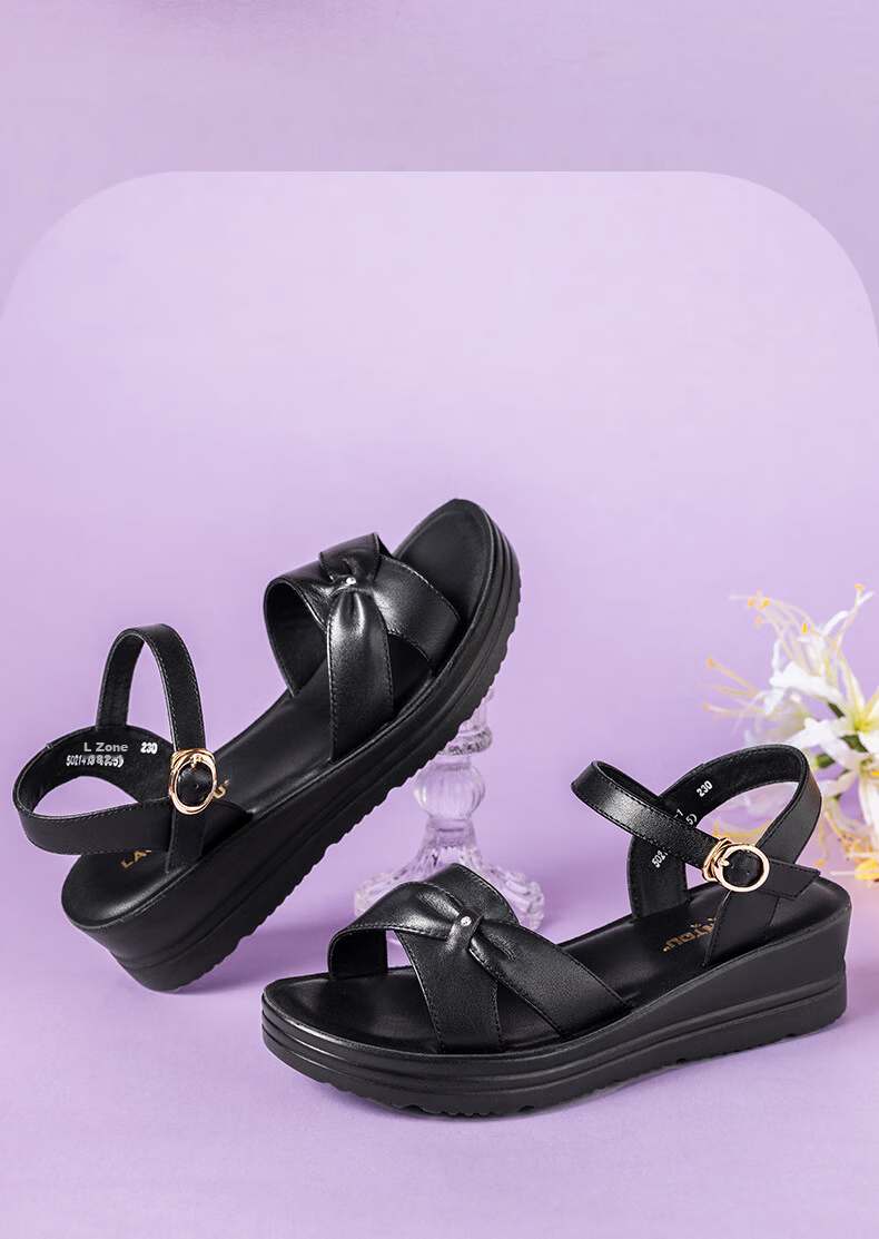 LAORENTOU Black Flat Sandals Women New Summer Soft Sole Mom Shoes Casual Roman Shoes LK182 Black Size 39 2