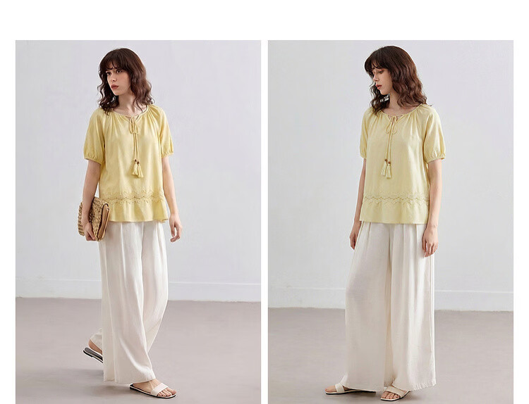 Demana Pure Cotton Tassel Tie Round Neck Shirt Women Summer New Lace Splicing Ruffle Loose Blouse 10