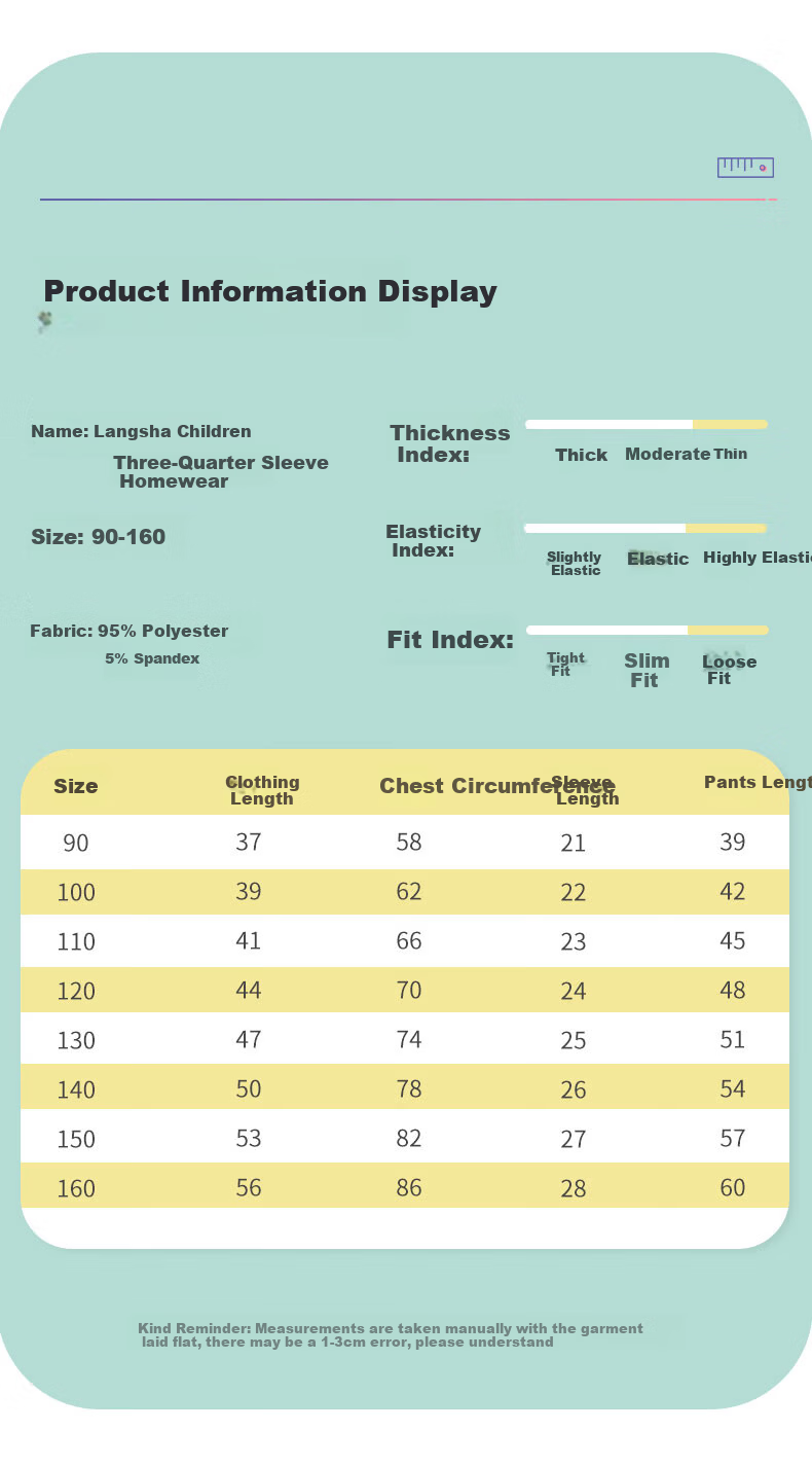 Langsha Children's Pajamas Boys Girls Summer Thin Baby Homewear Set Big Kids 3/4 Sleeve Air Conditioning Clothes 140 11