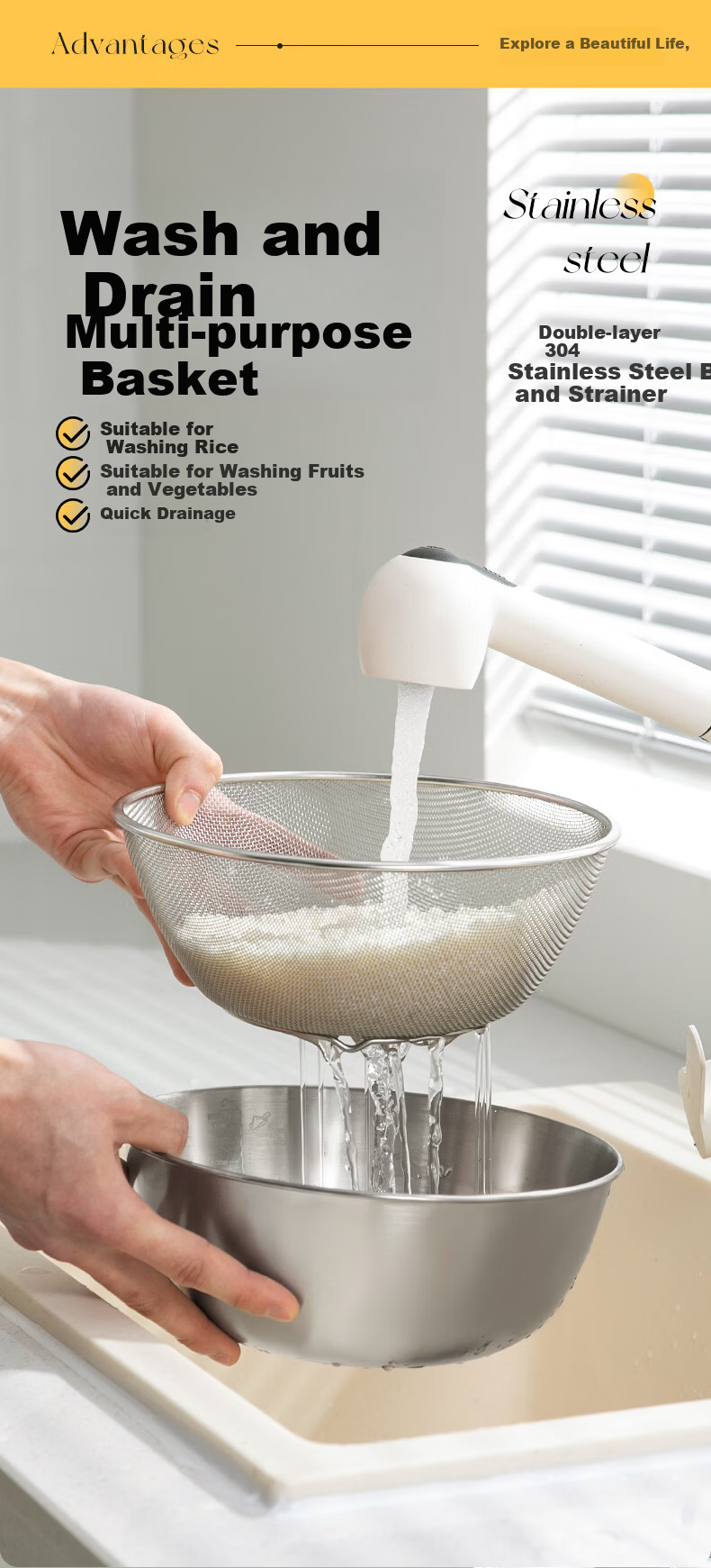 Shuangqi 304 Stainless Steel Draining Basket Rice Washing Tool Vegetable Washing Basin Fruit Draining Basket Household Filter Basket 3