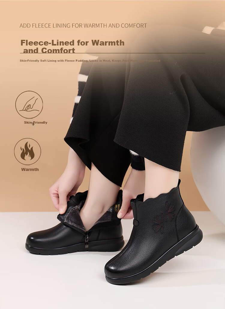 Red Dragonfly Women's Winter Fleece-Lined Leather Ankle Boots Lightweight Soft Sole Fashionable Warm Cotton Shoes WTC457421C Black Size 37 4