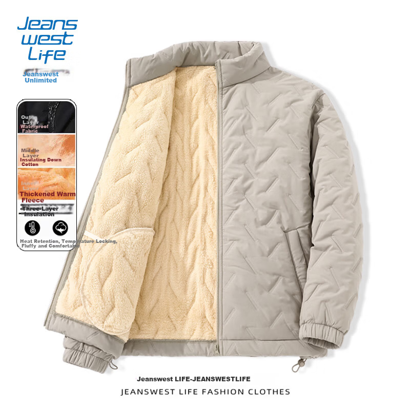 JEANSWEST LIFE Men's Winter Three-Protection Ultrasonic Cotton Jacket Windproof Stand Collar Fleece Thickened Cold-Resistant Warm Coat 6