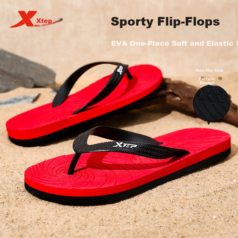 XTEP Men's Sports Flip Flops Summer Beach Shoes Soft Sole Thong Sandals A065 Black Red Size 39