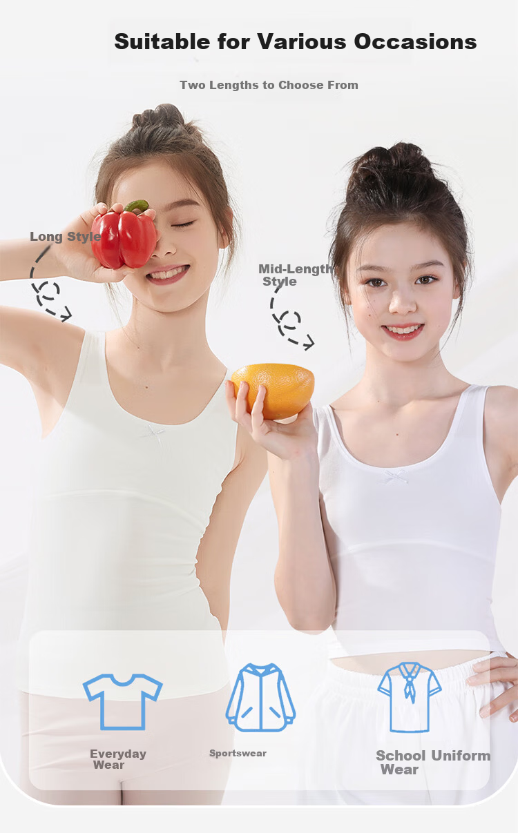 GUJIN Girls' Developmental Cotton Vest, Lightweight Breathable Thin Cotton Undershirt for Elementary School Girls, Anti-Bulge Innerwear, 2-Pack 11