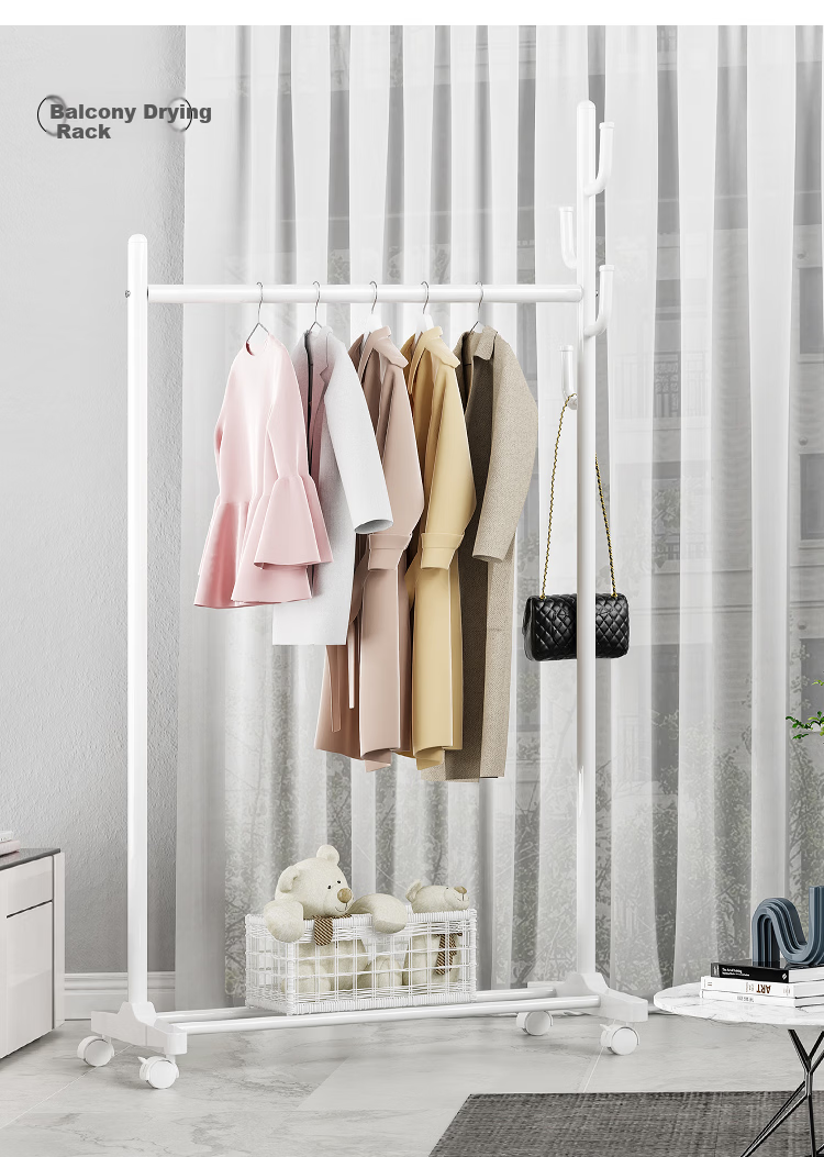 QIAONAMEI Floor Clothes Rack Coat Hanger Folding Clothes Rack with Basket Thickened 4488-WH 12