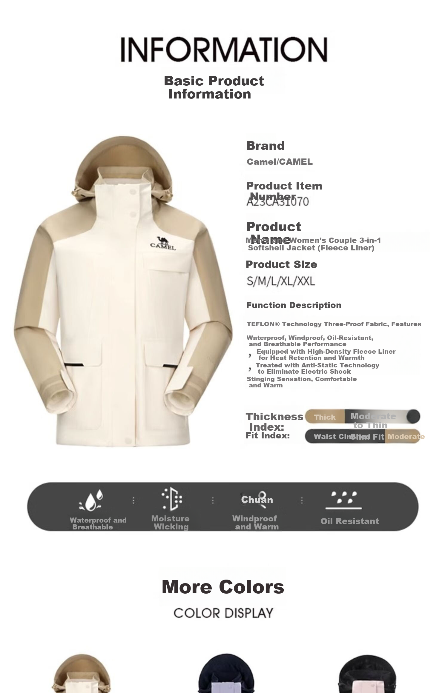 CAMEL Storm Jacket for Women, Three-In Workwear Style, Outdoor Heavy Rain Waterproof Coat, Camping Travel Hiking Outfit for Me 12