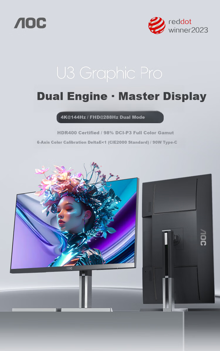 AOC 27-inch 4K 144Hz Dual-Mode FHD 288Hz HDR400 Type-C 96W Hardware Low Blue Light Mac Mini Energy-Saving Gaming Office Monitor U27U3XD 1