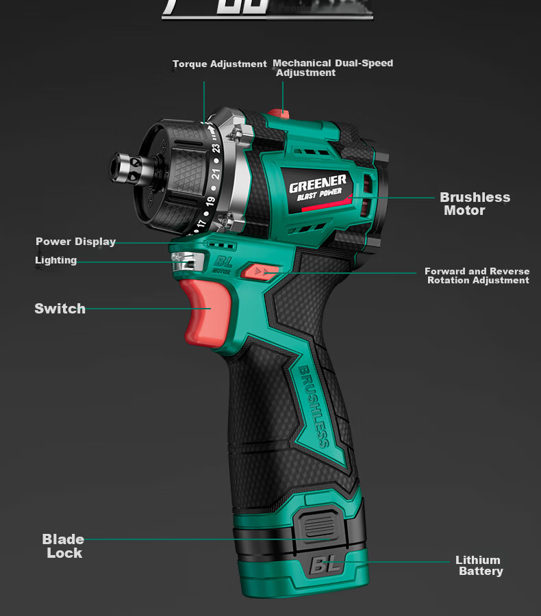 Greenlin 16.8V Brushless Cordless Drill 4-in-1 Multi-Function Lithium Battery Quick-Change Chuck Household Power Handheld Hammer Drill 12