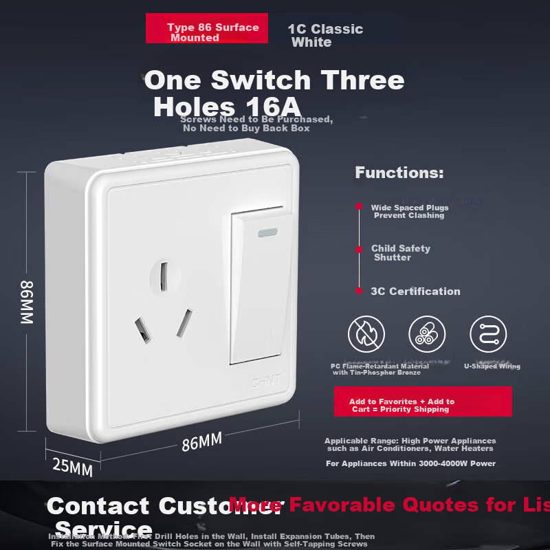 CHNT Surface Mounted Switch Socket Panel 1C Series Single Pole Single Control Three Hole 16A