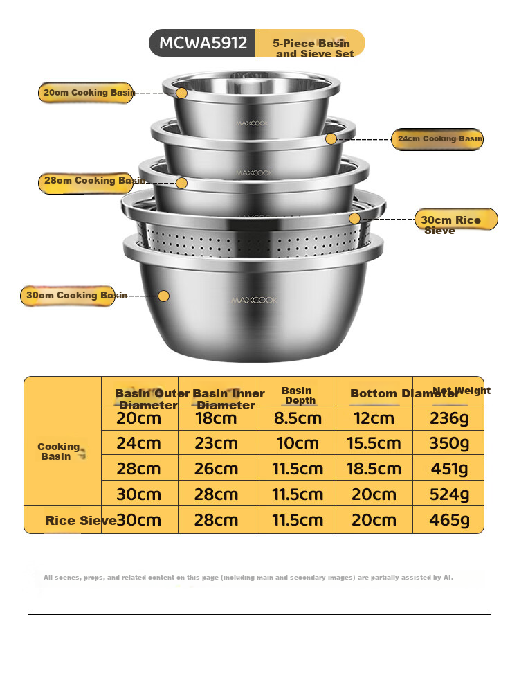 MAXCOOK 316L Stainless Steel Bowl and Sieve 3-Piece Set Thickened Seasoning Bowl, Vegetable Washing Bowl, Dough Mixing Bowl, Rice Sieve MCWA5653 13
