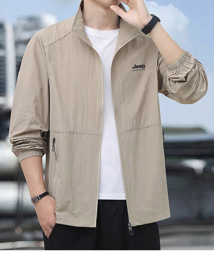 JEEP Men's Ice Silk Summer Sun Protection Jacket UPF50+ Ultra-Thin Breathable Stand Collar Anti-UV Coat Khaki 2XL 13