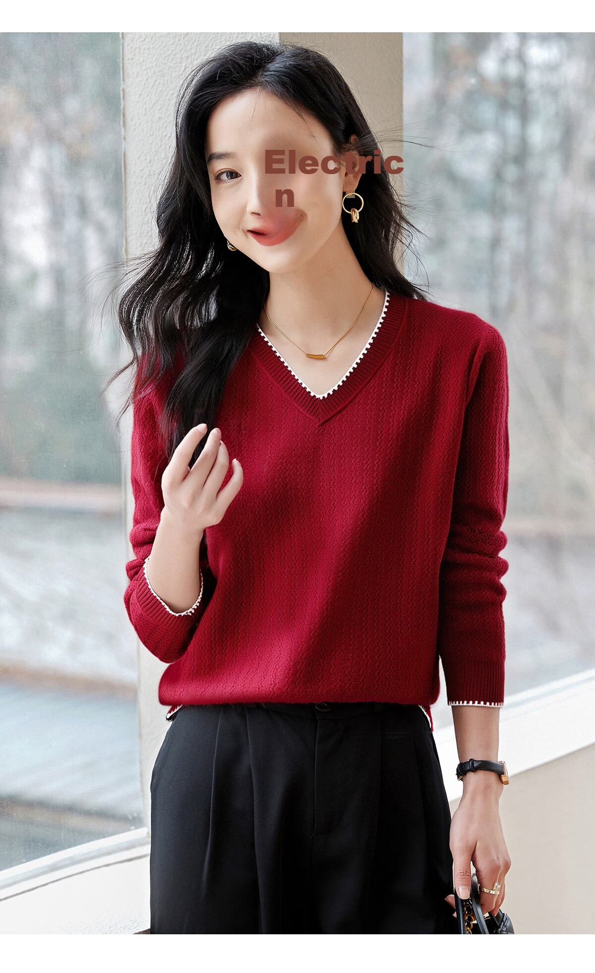Chushen Women's Spring and Autumn Knitwear Fashionable Elegant V-Neck Color-Block Collar Long Sleeve Base Shirt S141Z3649 21