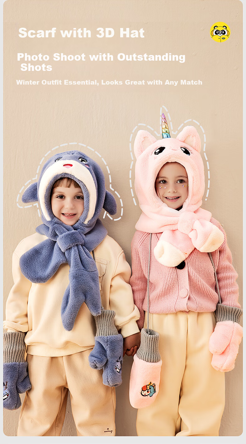 Mumeng Kids Autumn Winter Hat and Scarf Set Fleece Thickened Warm Hat Pink Unicorn for Older Children 3
