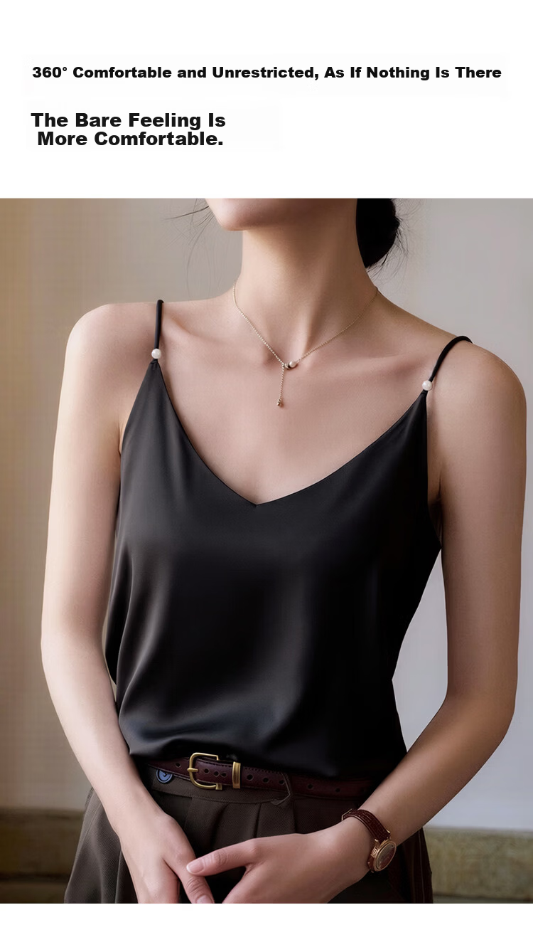 Audifine French Style V-Neck Pearl Strap Satin Loose Fit Sleeveless Tank Top Black XL 12