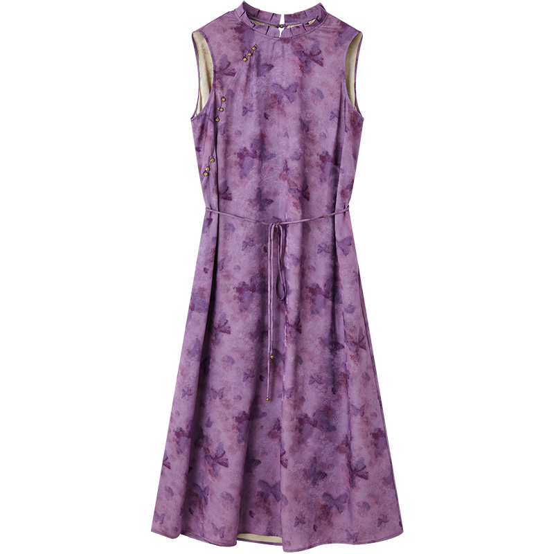 Demana [Ziluoyunyan] Summer National Style New Chinese Stand Collar Ribbon Sleeveless Waist Slimming Dress for Women High-End Feel