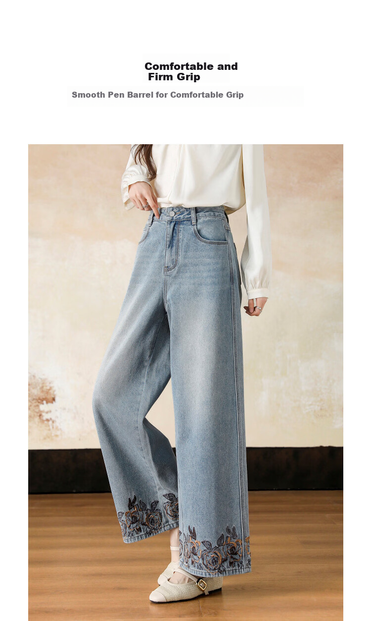 Demana Cotton Soft New Filling Spring National Style New Chinese Embroidered Straight Wide-Leg Slimming Jeans for Women Premium Feel 1