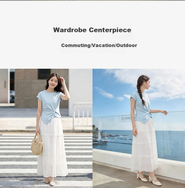 Shangdu Bira Raglan Sleeve Pure Cotton T-Shirt Women Spring Summer Crew Neck Knot Slim Fit Irregular Hem Tailored Casual Top 9