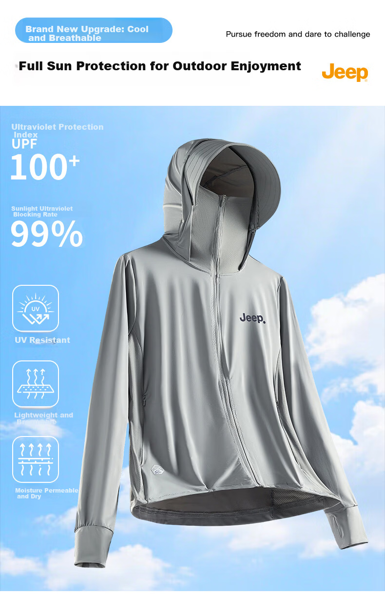 JEEP Men's Summer Ice Silk Quick-Dry Sun Protection Jacket Outdoor Lightweight UV Protection Fishing Coat Glacier Gray M 1