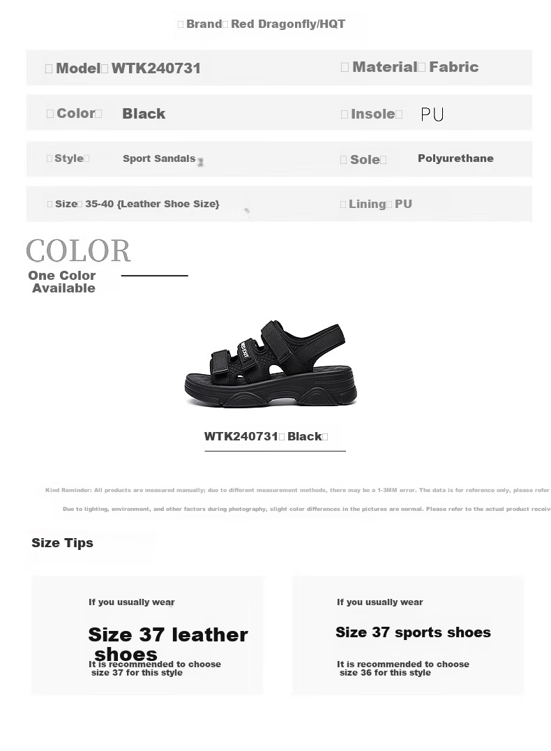 RED DRAGONFLY Women's Sandals, Summer Internet Celebrity Thick-Soled Heightening Casual Shoes, Sports Roman Beach Shoes for Women WTK240731 Black Size 38 8