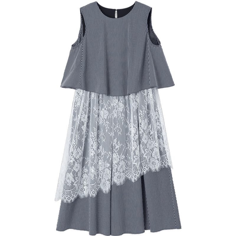 Demana [Cloud Oxygen Cotton Series] Summer Retro Plaid Lace Splice Sleeveless Flared Slim Fit Designer Women's Dress