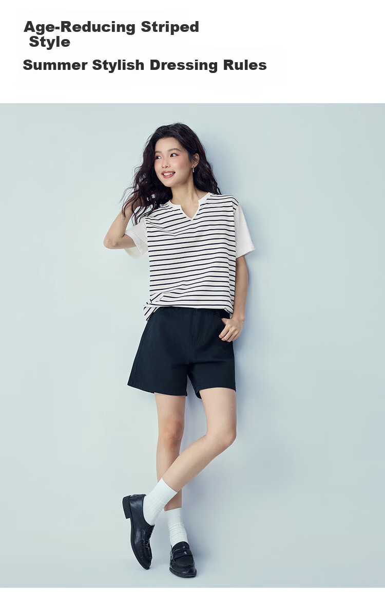 Giordano Women's Summer New Cotton Patchwork Striped Loose V-Neck Casual T-Shirt 13326234 9