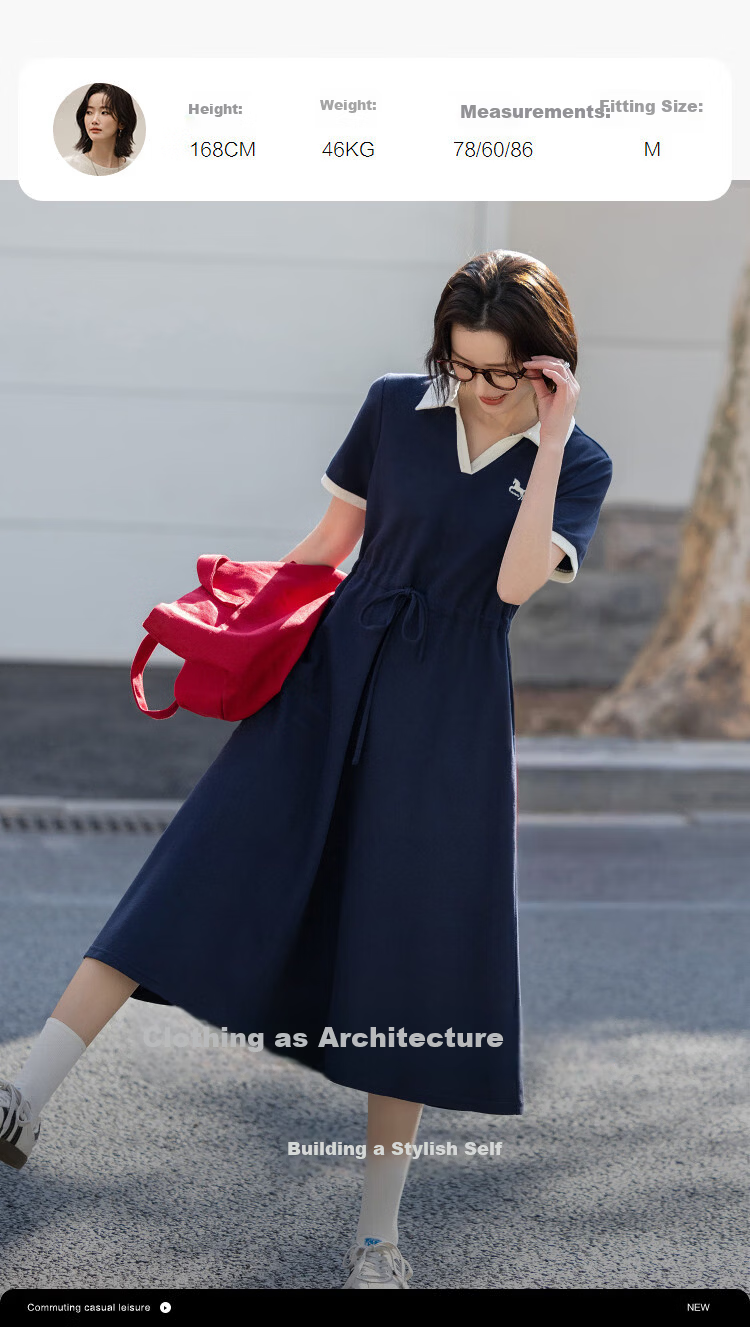Demana [Smart Sense Academy] Summer Color-Block Spliced Embroidered Polo Collar Short Sleeve Waist-Slimming Dress for Women Premium Quality 4
