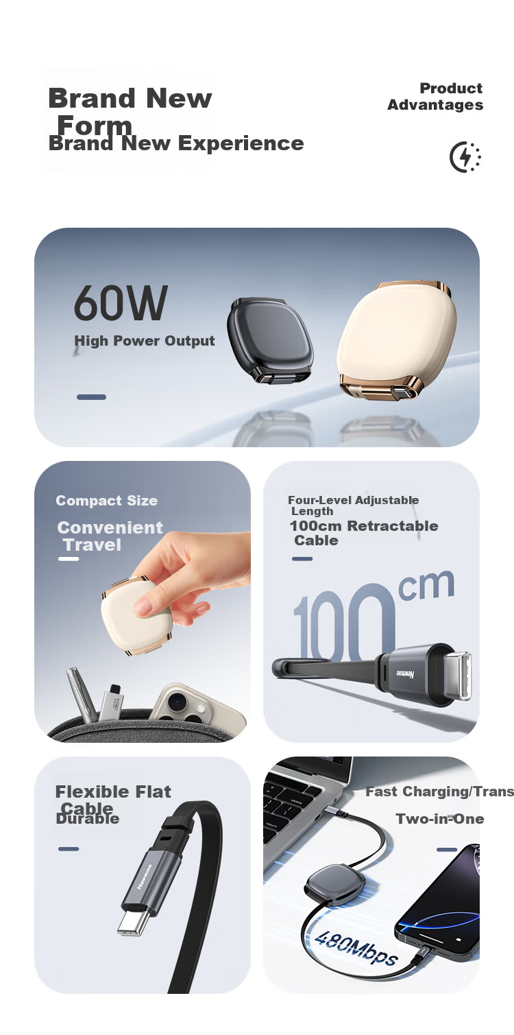 Newmine Type-C PD60W Retractable Fast Charging Cable for Apple iPhone 15/16, Huawei, Honor Smartphones, Tablets, Laptops - Milk Tea Color 2