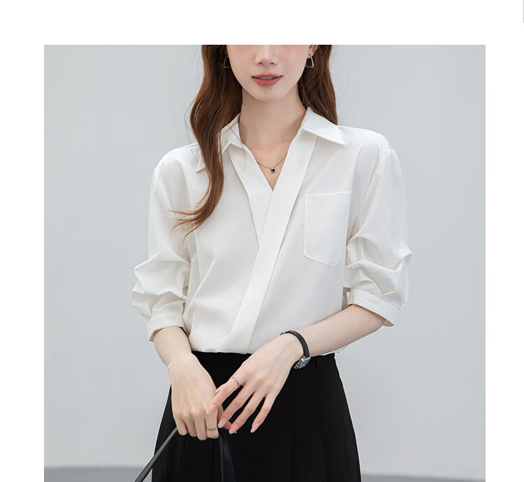 Handu Yishe Women's Short Sleeve Shirt 2026 Summer Commuting V-Neck Light Professional White Blouse M 12